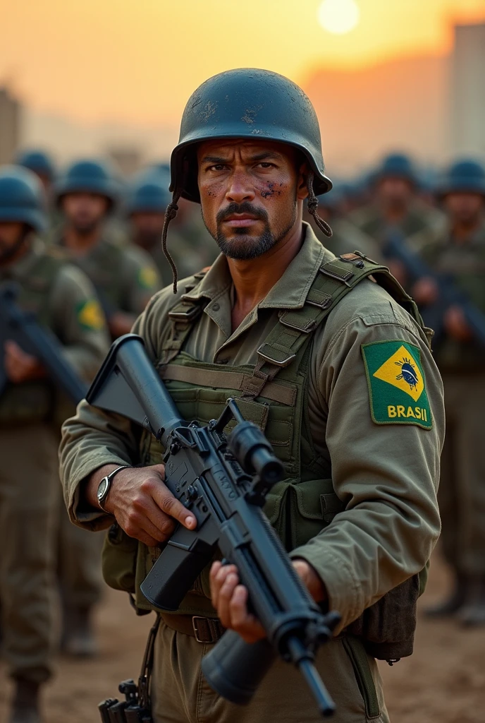 Illustrate a realistic light brown man all dirty with dust and all cut up from the Brazilian army commando battalion, with a large, strong and wide physique, He has short hair, with a tired but aggressive look, holding a heavy machine gun with a large cut on his face. He is fully equipped with a blue UN helmet and a long-sleeved Brazilian army uniform with the flag symbol on the shoulder.. He has a large, heavy vest. In the background leading an entire battalion of Brazilian soldiers