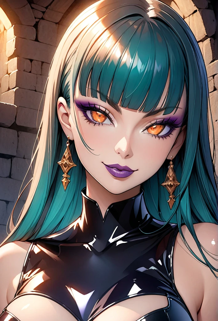 close up, teal hair,(shiny red lipstick) (orange eyes), long hair, detailed face, medium breasts, long eyelashes, mature, (smirk, closed lips, big plump lips, purple eyeshadow) shiny skin, beautiful eyes,(detailed eyes, sharp eyes, clear pupils:0.8), side bangs, wispy bangs, naughty look, dungeon background, latex clothes