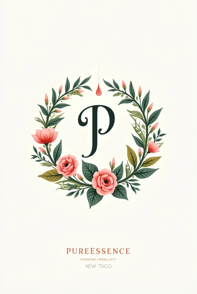A harmonious blend of text and imagery, the PureEssence logo features a stylized letter "P" with a single droplet of essential oil, symbolizing the purity and potency of the oils. A delicate array of flowers and foliage encircles the "P", evoking a sense of nature's abundance and rejuvenation. The overall design exudes tranquility and sophistication, reflecting the essence of the brand., illustration