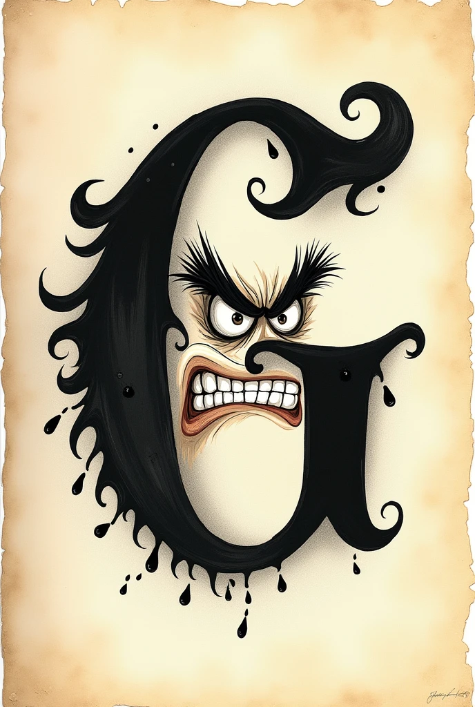 A very angry letter G with eyebrows looking to the right in black calligraphy style angry 