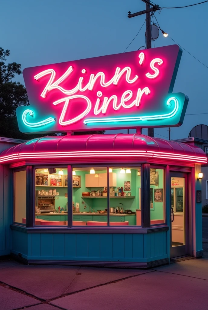 Facade of a 50's and 60's themed diner, Inside you can see aqua and pink cabinets, There are no people and outside you can see the neon letter logo that says "Kinn's Diner" pink color and two aqua colored lines below, to be seen from the front
