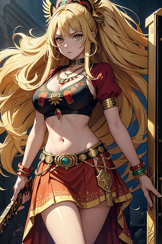 holding gun, Holding Shield, Itch, belly out, long  hair, fluffy hair, blondie hair, yellow  eyes, x-shaped pupils, She wears an outfit inspired by Aztec culture., with lots of golden details and colorful feathers. The outfit is a top and skirt combination, both adorned with traditional prints and jewelry. She also has gold bracelets and anklets., as well as a large, ornate necklace. The predominant colors in his outfit are red, the green and the gold, colors often associated with royalty and divinity in Aztec culture. She also wields a macuahuitl, a traditional Aztec weapon.