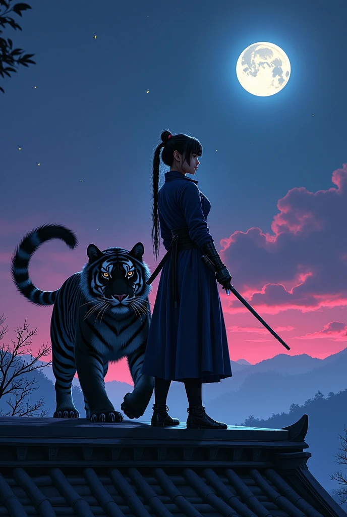Kunoichi with aggressive ninja stance-to doubles black and dark blue ninja armor on Japanese castle rooftop against night sky and shadow of black tiger looking like 1980s movie