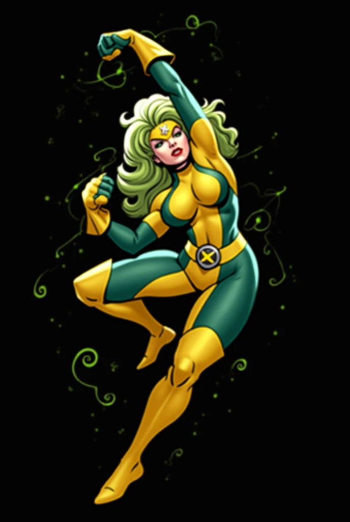 (Lorna Dane, polaris x-men, (attack uppercut pose:1.4), (busty and voluptuous body), (naked arms:1.4), (pointed nipples), (green thick wavy long hair:1.4), (huge breast:1.6), wearing a blue costume, big yellow in the chest and stomach, with yellow xmen belt, blue glowes, yellow boots, (she's surrounded by a green energy:1.5), (comic style:1.4)