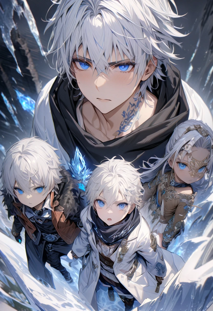 absurd, high resolution, Extremely detailed, HDR, masterpiece, best quality, Extremely detailed face, Exquisite functionality, Gojo Satora, White hair, Expressive blue eyes, White eyelashes, Jiu Jitsu Kaiba, Solitary, Sexy men, Handsome,  Black scarf, white cover,  Black -, fantasy, magic, ice, Blue flame, ice butterflies, snowflake, starry night, ice prison, trapped in ice