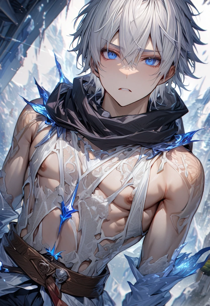 absurd, high resolution, Extremely detailed, HDR, masterpiece, best quality, Extremely detailed face, Exquisite functionality, Gojo Satora, White hair, Expressive blue eyes, White eyelashes, Jiu Jitsu Kaiba, Solitary, Sexy men, Handsome,  Black scarf, white cover,  Black -, fantasy, magic, ice, Blue flame, ice butterflies, snowflake, starry night, ice prison, trapped in ice