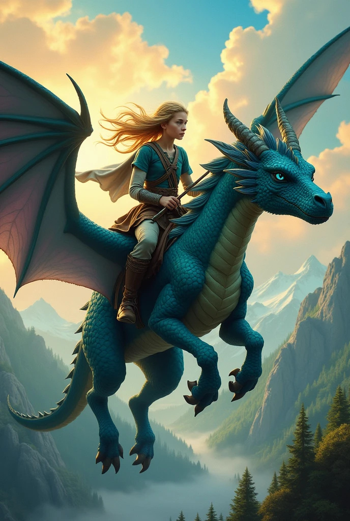 une jeune guerrière blonde aux yeux bleus chevauchant un dragon