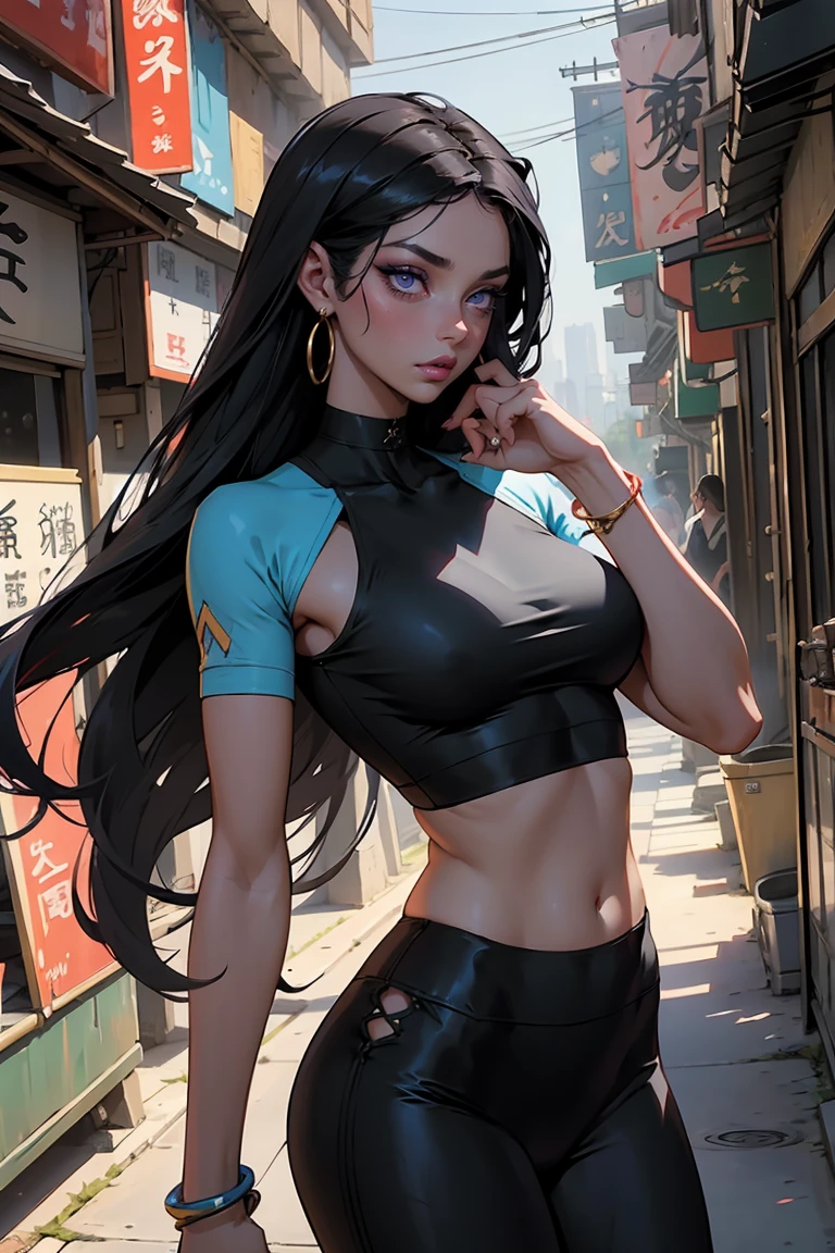 Goddess ((goddess-like woman)), slim elegant silhouette, masterpiece, best quality, (Darcy/Winx Club S1), pale skin, fair skin, sweet face, long hair, (masterpiece:1,2, best quality), (real picture, intricate details), (1 lady, solo, medium tits), light purple eyes, kissable mouth, full lips, black hair, (Black long hair,), very long hair, straight hair, bracelet, hoop earrings, beautiful face, beautiful eyes, she looks at the viewer, she wears sport clothing with mesh element, crop top, leggings, collar, clothing with mesh element, ninja, elegant pose, elegant hands, beautiful hands, perfect fingers, background: city, market alley of a Japanese city, walks through a market alley, there are stalls on the left and right of the alley