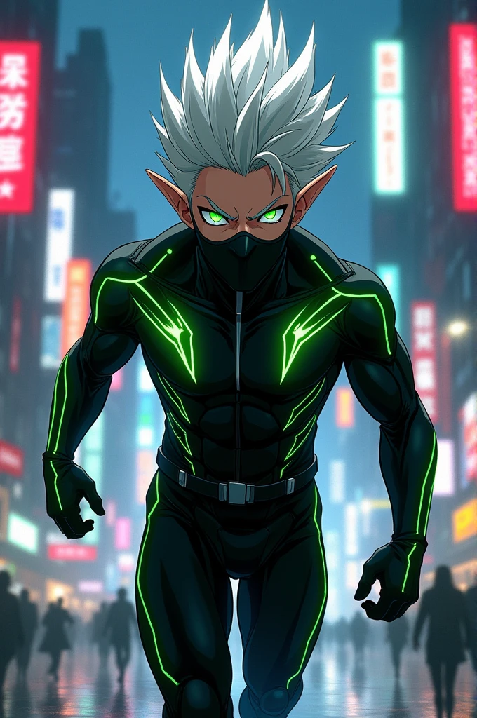 male character, white hair spiking up, greeneyes, little elf ears. Character defined, black futuristic outfit with green details like a hero uniform, black mask covering the mouth and nose. anime dash