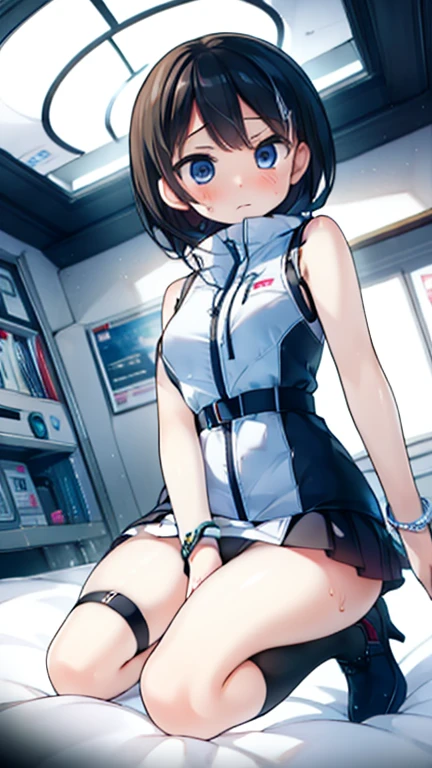 (Highest quality), (masterpiece), 1080P, High resolution, 4K, 8k, Inside the space station、Futuristic room、Thigh straps, Shooting from directly below, The woman on top of me, 白いSweat, Covered , Sweat, Woman looking down, Skirt swimsuit, Thigh-high socks, To achieve this, , , whole body, Black leather shoes, Braided hair, Inner Color, Embarrassed face, Short black hair, bracelet, Bedroom,celestial body_Vest