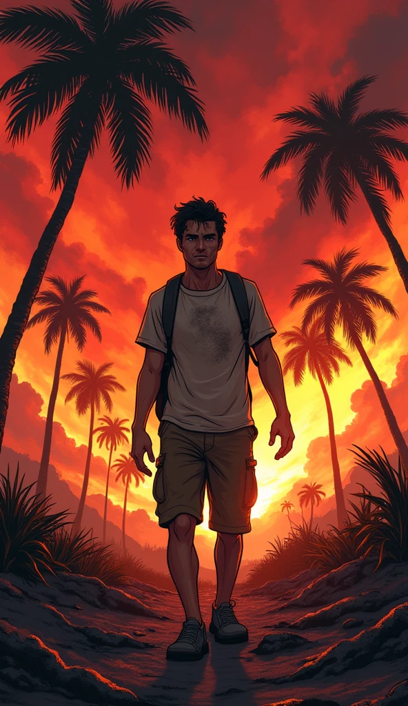 Survivor of Inferno: Illustrate a dramatic anime scene of a survivor emerging from a raging wildfire, with soot and embers in the air, showing a look of resilience and hope in the midst of devastation. --chaos 100 --ar 3:2 --stylize 1000 --v 5.2 ,Hawaii, gta vice style , illustration , reteo comic illustration