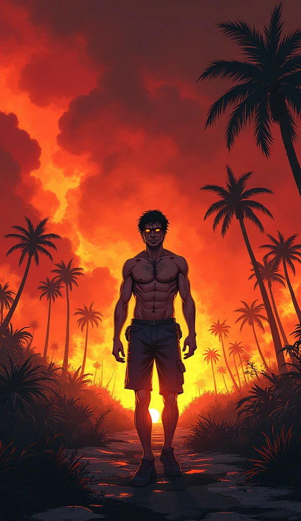 Survivor of Inferno: Illustrate a dramatic anime scene of a survivor emerging from a raging wildfire, with soot and embers in the air, showing a look of resilience and hope in the midst of devastation. --chaos 100 --ar 3:2 --stylize 1000 --v 5.2 ,Hawaii, gta vice style , illustration , reteo comic illustration