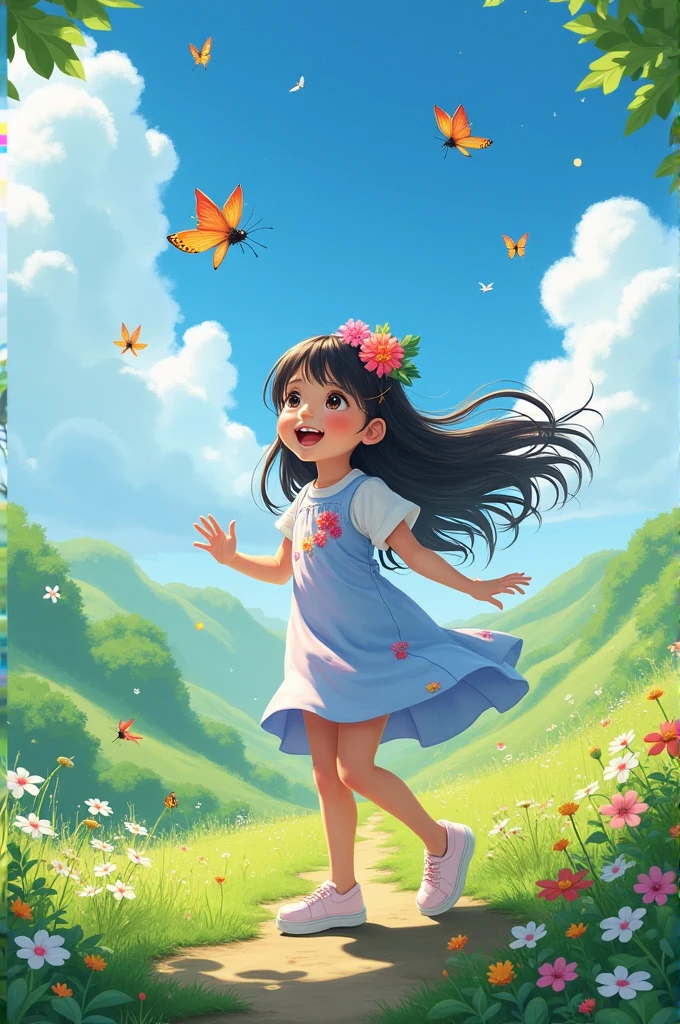(masterpiece, high resolution:1.3), (playful 5-year-old Asian girl:1.2), (clear blue sky on a sunny day:1.1), (vibrant greenery in the park:1.1), (lush and colorful flowers:1.1), (gently swaying in the breeze:1.1), (blissful atmosphere:1.1), (sparkling sunlight, casting warm rays:1.2), (bright and cheery ambiance:1.1), (innocent and curious gaze:1.1), (clear and light-colored eyes, shimmering with wonder:1.2), (adorable smile, radiating happiness:1.1), (bouncing dark hair, framing her face:1.1), (playful movements, skipping towards the flowers:1.2), (soft laughter, echoing through the air:1.1), (tiny hands reaching out to touch the petals:1.1), (fascinating butterfly, perched on a blooming flower:1.1), (vivid and multi-colored wings:1.2), (gentle flutters, mesmerizing the child:1.1), (timeless moment, frozen in joy:1.1), (parental presence in the background, watching with pride:1.1), (mixture of excitement and serenity:1.2), (life's enchantment captured in the scene:1.1), (Sony Alpha a7 III camera, paired with the Sony FE 85mm f/1.8 lens:1.4)