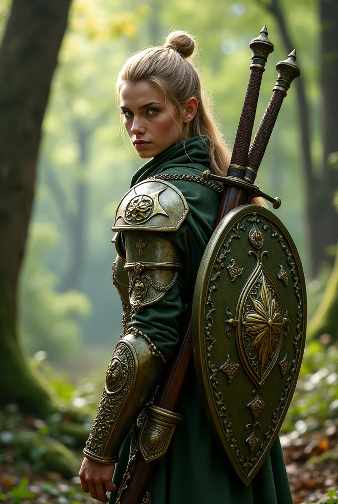 A wood elf with chain armour and gold details on it with a sword on his back and a shield in his hand 
