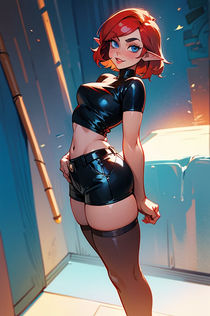 1girl, female mature elf, curvy body build, short red hair, blue eyes, white tight mini tee shirt, stomach showing, black leather mini shorts, black stiletto high heels, black leather thigh high stockings, seductive smile, seductive pose, standing in hallway, hands against the wall,butt sticking outwards, full pouty lips, back view, head tilted towards viewer