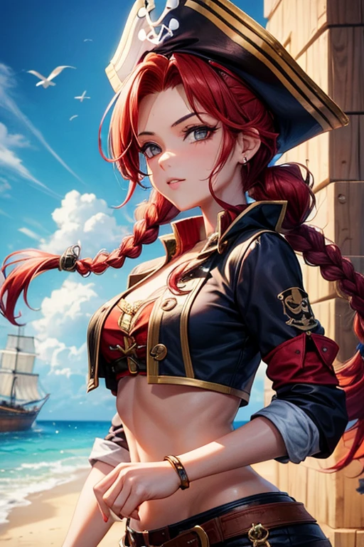 Ginger woman,1girll, freckles,28 year old,Red hair,double tails, Practical pirate clothing, (Long-sleeved pirate top), Skirt,Torn pirate hat, view the viewer, fantasy,(Pirate ship),Cinematic lighting,Masterpiece,