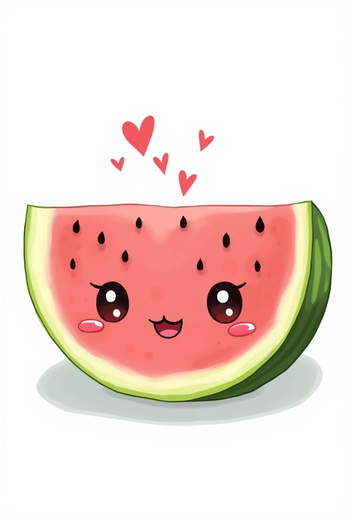 Cute watermelon cut into a single piece with a face :3 and blush and eyes, anime style that says inside the fruit with seeds written: Mausandia&#39;s Store With white background