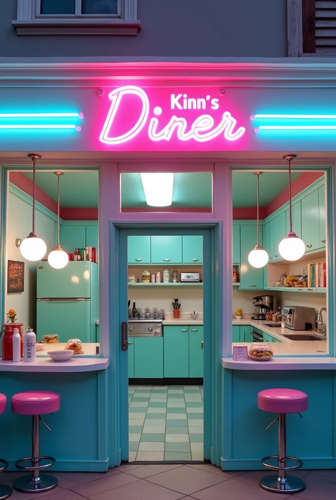 White facade of a 50&#39;s and 60&#39;s themed diner, Inside you can see aqua and pink cabinets, There are no people or cables and outside you can see the neon letter logo that says "Kinn&#39;s Diner" pink color and two aqua colored lines below, to be seen from the front 