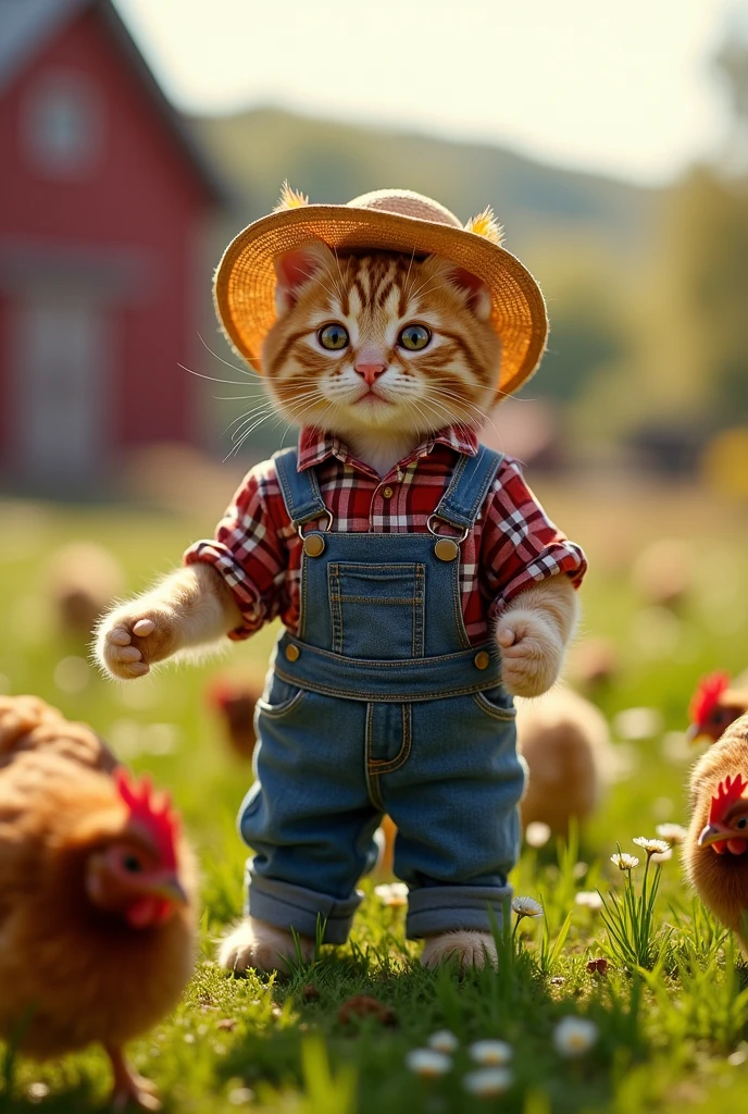A cat in a farmer's outfit