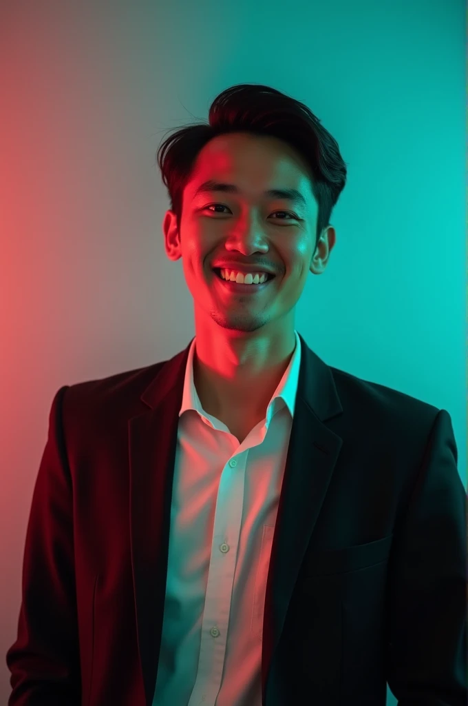 A young man with dark hair and a confident smile. He is dressed in a black blazer over a white shirt. The man is positioned against aqua colour backdrop with a subtle red lighting on the left side. and he posing for Linkedin profile