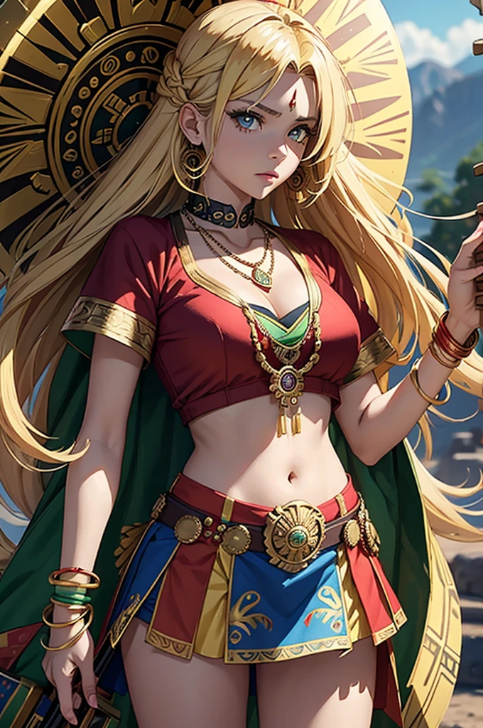 holding gun, Holding Shield, Itch, belly out, long hair, fluffy hair, blondie hair, yellow eyes, x-shaped pupils, She wears an outfit inspired by Aztec culture., with lots of golden details and colorful feathers. The outfit is a top and skirt combination, both adorned with traditional prints and jewelry. She also has gold bracelets and anklets., as well as a large, ornate necklace. The predominant colors in his outfit are red, the green and the gold, colors often associated with royalty and divinity in Aztec culture. She also wields a macuahuitl, a traditional Aztec weapon.