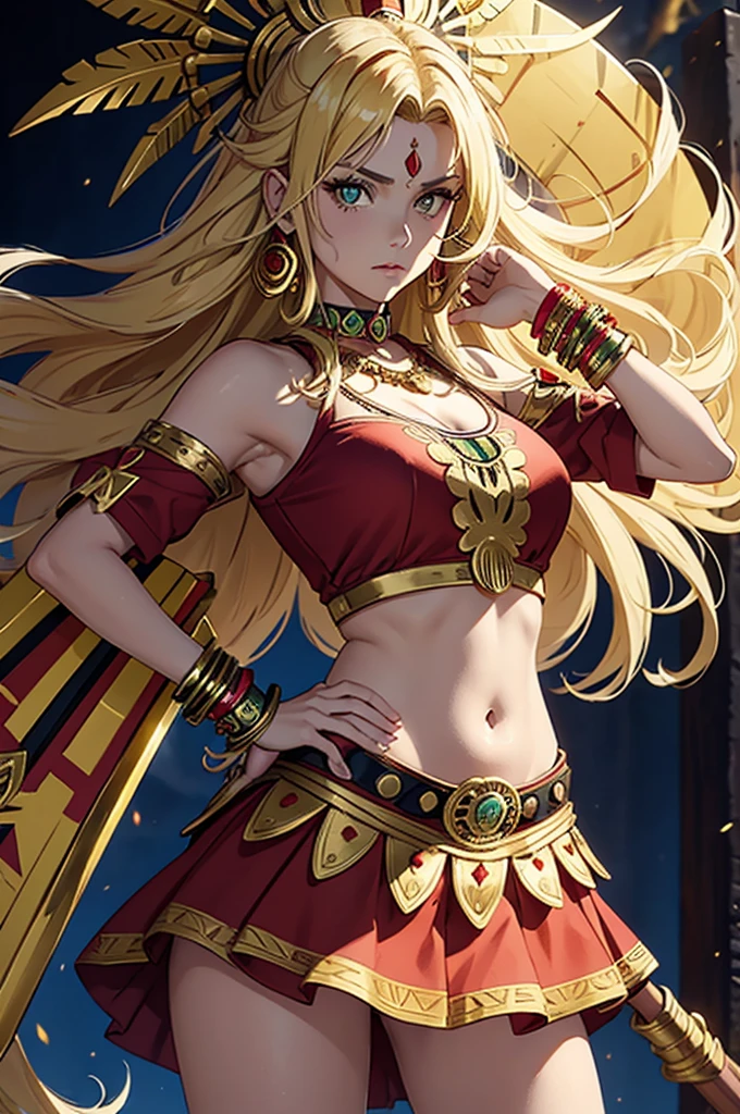 create an image of a well-endowed blonde female barbarian warrior wearing a gold crown and other jewelry, along with a loincloth and belt with trophies from her victims, standing in a field of blood red roses in front of a tall black dark tower with a blood red moon overhead. The AI will also add a wind that's causing her hair to move.