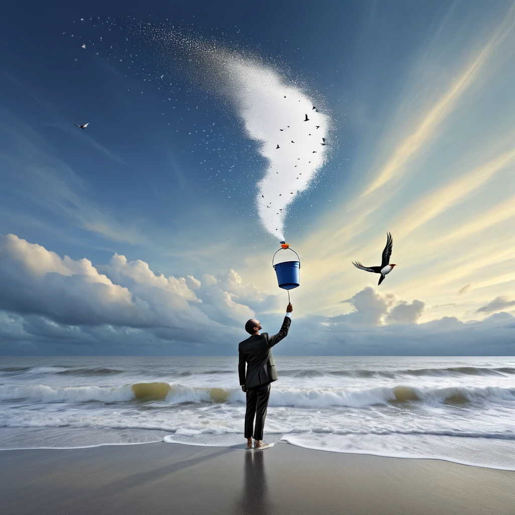 surreal photography,seashore,One with his back to the screen,Carrying a bucket of paint,Draw a bird in the sky,Alastair Magnaldo,Alastair Magnaldo,Super image quality