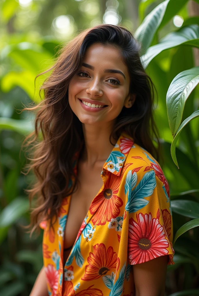 A Brazilian woman in a lush tropical garden, wearing an open shirt with a floral print, with a close-up capturing the harmonious beauty between her breasts and the natural flowers, showing off your natural charm and outgoing personality.