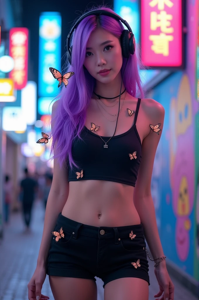 Korean purple hair butterfly woman with headphone and black short shorts showing buttocks and short outfit perfect body in show
