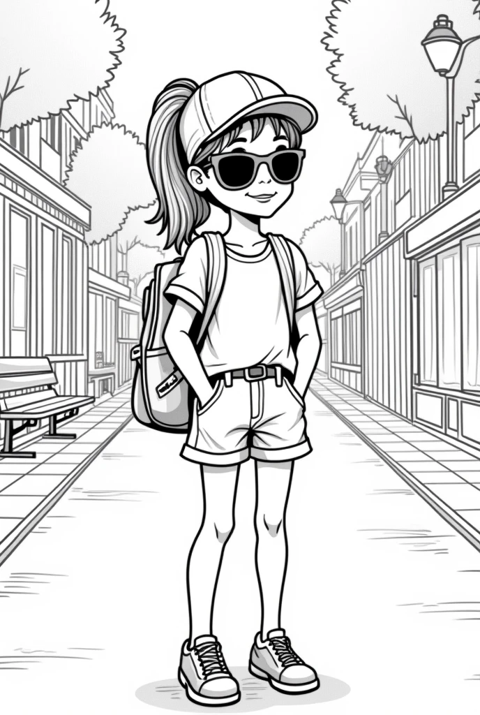 Create an illustration for a children&#39;s coloring book, which can be used in the Zara store. girl, hair pulled back into a ponytail, dressed in stylish clothes, typical for Zara collections - shorts, T-shirt, Zara cap, backpack, Sunglasses, Accessories. Leave the clothes and background without color., so that children can color them to their liking. The background may contain elements of a city street.. Make the image friendly and suitable for younger children..