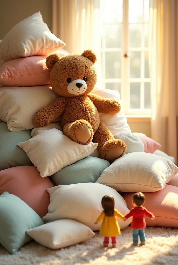 Ted Bear is carefully climbing down the pillow mountain, but still with an expression of joy and fulfillment. Every step is taken with confidence. Your parents are waiting for you at the foot of the mountain, with open arms to welcome you in a big hug. Ao fundo, the cushions are slightly messy, but the happiness of the moment is clear.