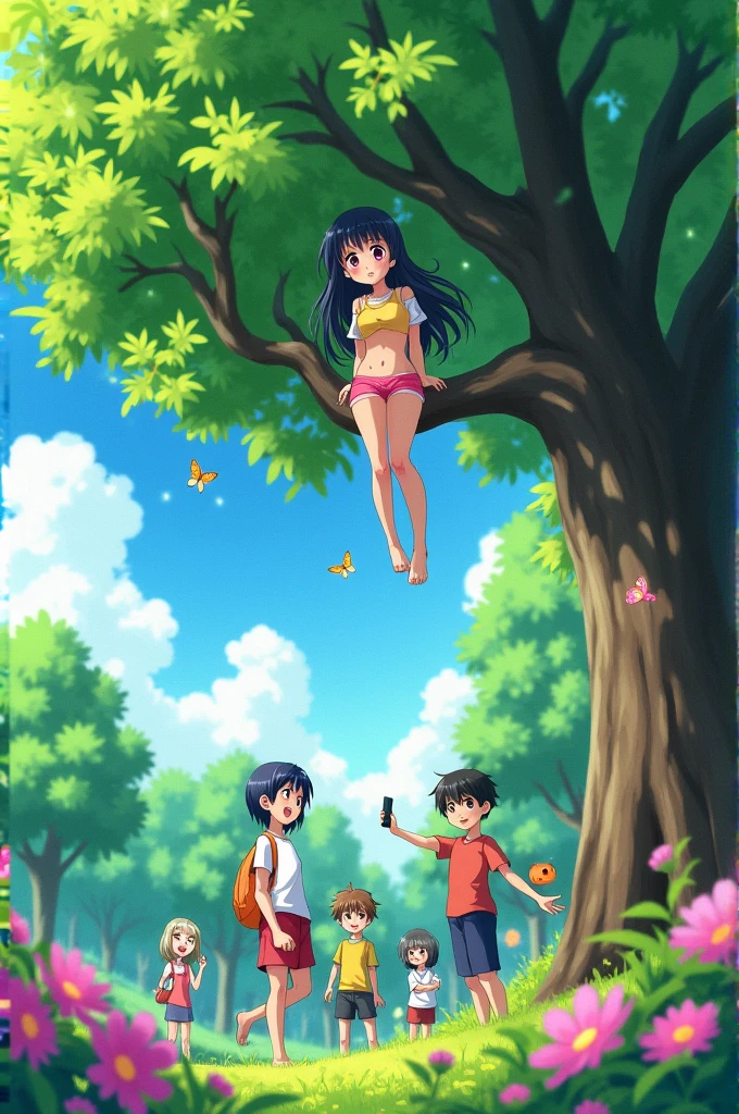 Climbed a tree. panties are visible. embarrassed. The boys below are taking pictures of her. anime cuteness