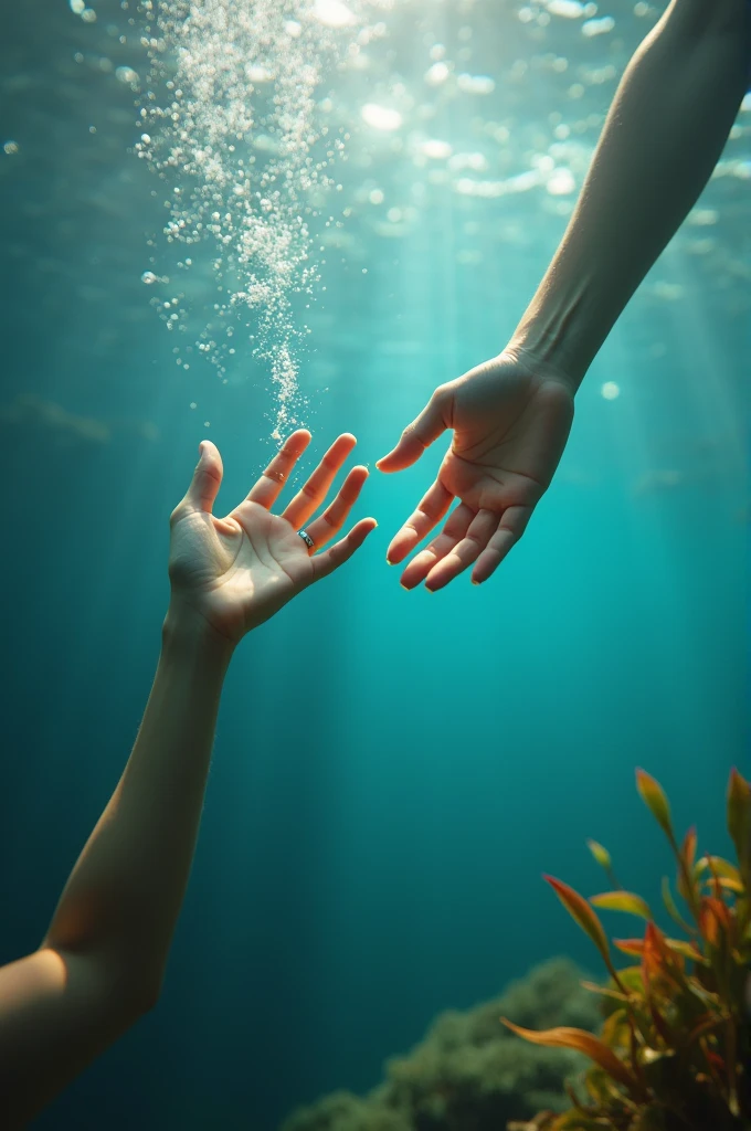 Draw two stretching hands in the water, touching two fingers, middle and ring
