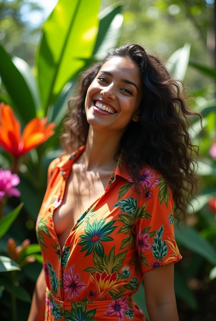 A Brazilian woman in a lush tropical garden, wearing an open shirt with a floral print, with a close-up capturing the harmonious beauty between her breasts and the natural flowers, showing off your natural charm and outgoing personality.