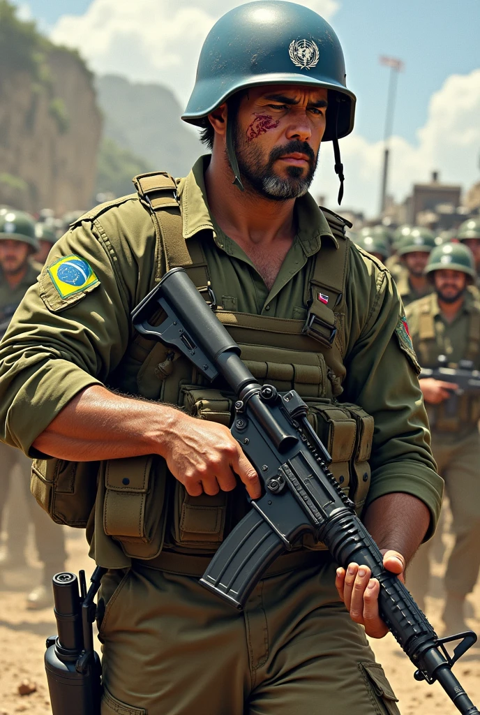 Illustrate a realistic light brown man all dirty with dust and all cut up from the Brazilian army commando battalion, with a large, strong and wide physique, He has short hair, with a tired but aggressive look, holding a heavy machine gun with a large cut on his face. He is fully equipped with a blue UN helmet and a long-sleeved Brazilian army uniform with the flag symbol on the shoulder.. He has a large, heavy vest. In the background leading an entire battalion of Brazilian soldiers