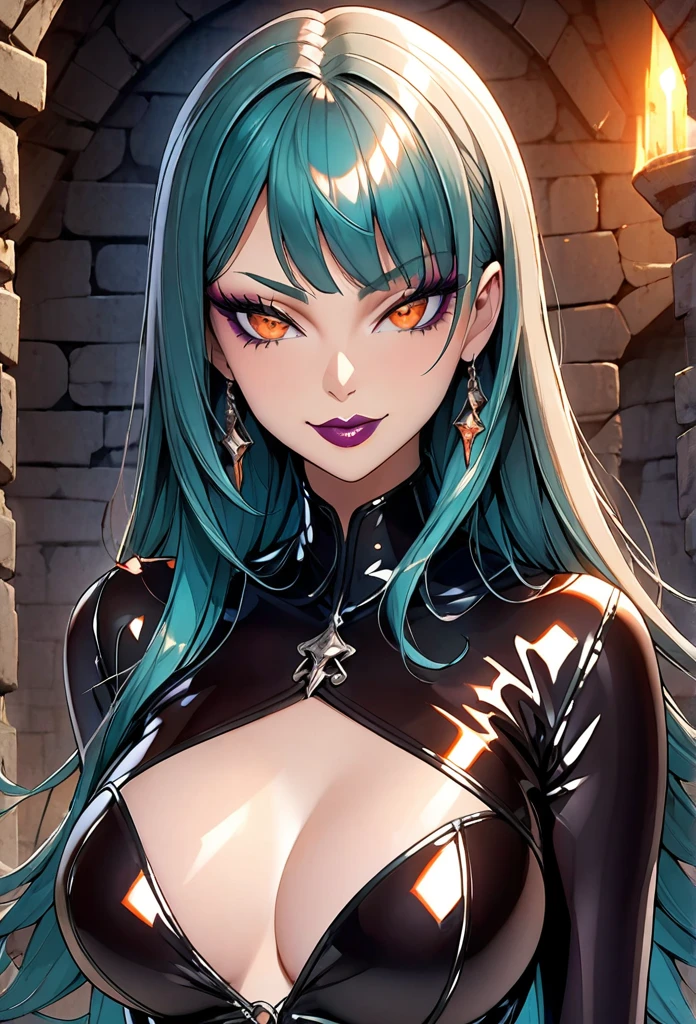 close up, teal hair,(shiny red lipstick) (orange eyes), long hair, detailed face, medium breasts, long eyelashes, mature, (smirk, closed lips, big plump lips, purple eyeshadow) shiny skin, beautiful eyes,(detailed eyes, sharp eyes, clear pupils:0.8), side bangs, wispy bangs, naughty look, dungeon background, latex clothes