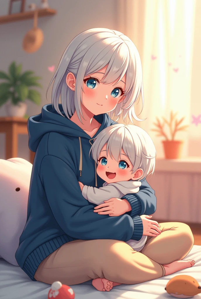 Woman with a 2-year-old child on her lap wearing a midnight blue hoodie, beige pants, white hair and blue eyes, anime version