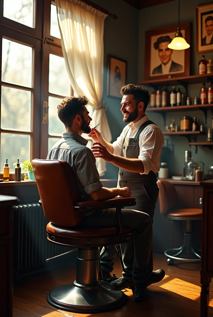 barber working and talking with his client