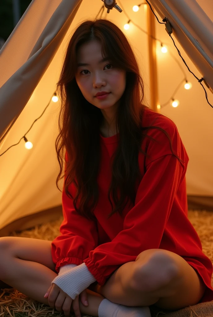 20 years old asian girl with long hair, in the tent, nightlife, red blouse, white socks, full body, brunette hair, beautiful girl, natural boobs, (beautiful deatailled eyes:1.2), real human, ultra detailed, (realism:1.1)