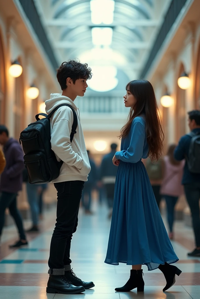 A 23-year-old boy with very white skin, and dark brown wavy hair dressed in a white sweatshirt and black pants and a black backpack, It is located in the university hallway, The boy is looking at a girl with long, very straight dark brown hair. , She is dressed in a blue blouse and a long blue skirt and black boots with a black backpack. , The boy watches her from afar and this girl meets someone else