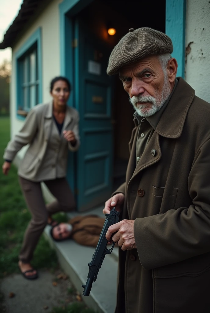 The image shows the facade of a modest house, with a partially open door. In front of the door, a 74-year-old man wearing a brown beret on his head, with an expression of despair and pain, holds a .37-caliber pistol in his hand. The man.

The image also shows a 29-year-old man lying on the ground, near the entrance, and to the left of the scene you can see the blurred figure of the young man's mother, who is trying to run towards him.