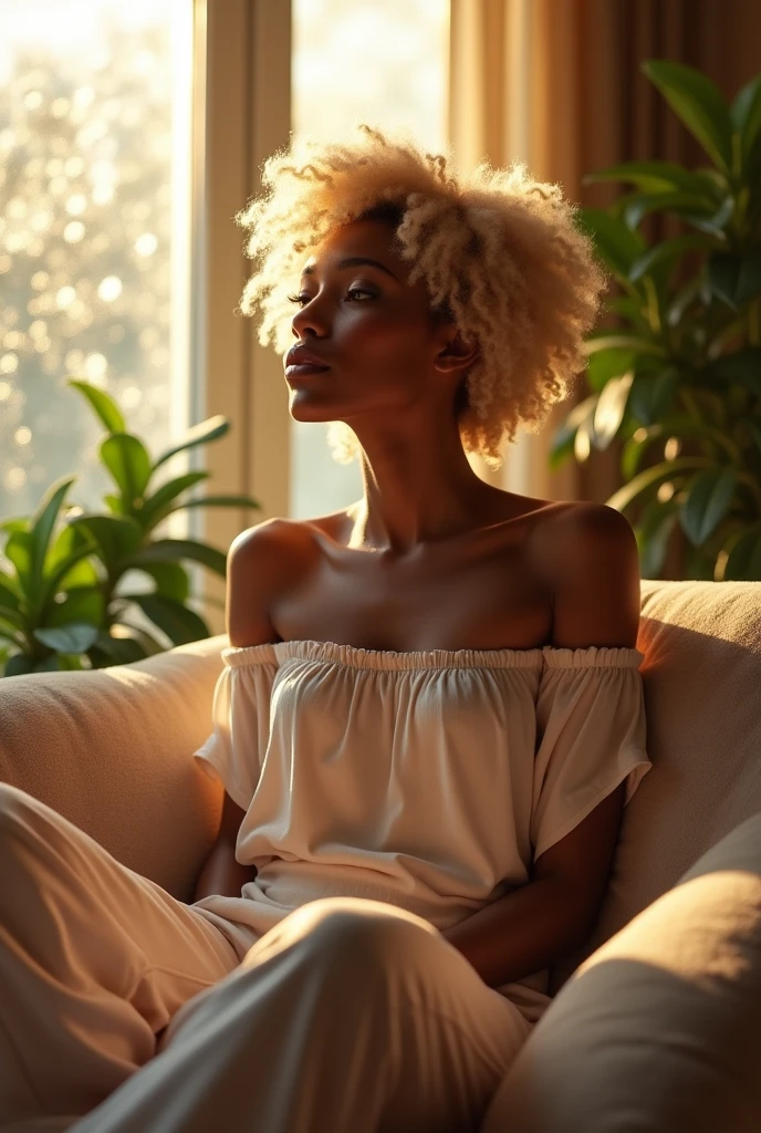(photorealism:1.2), thick, beautiful light skin
Black woman with sharp jawline, sitting on chaise lounge, wearing loose off-shoulder top, pajama pants, short loose curly blonde mullet hair, 70kg body weight, indoors, soft lighting, plants in background, dewy window with sunlight, cozy room, relaxed pose, realistic, intricate details, warm colors