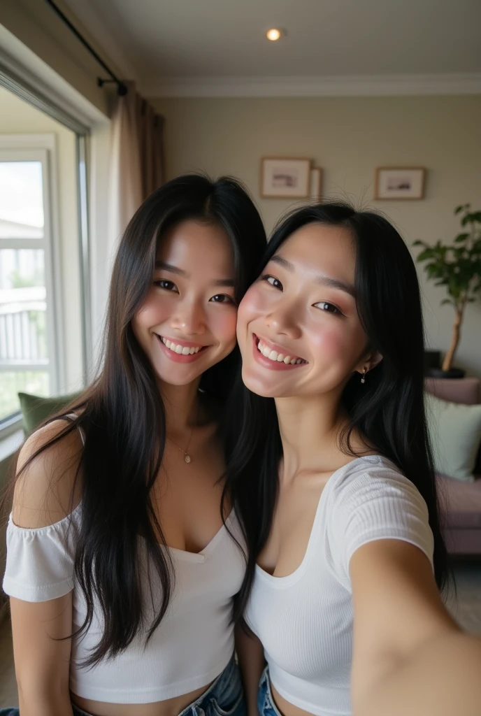 Beautiful Asian Woman, long, straight black hair, big breast,  big breasts , big  ,  Big Breasts, big chest,double eyelid,  Beautiful Face,  High resolution, Realistic details, 、Woman with her mouth wide open and her tongue sticking out、Eyes are empty、Tight T-shirt、I can see a little cleavage、 Shorts,Selfie, inside her big apartment home, Selfie with her best friend,  girlfriend, friend,  Selfie with best friend 、
