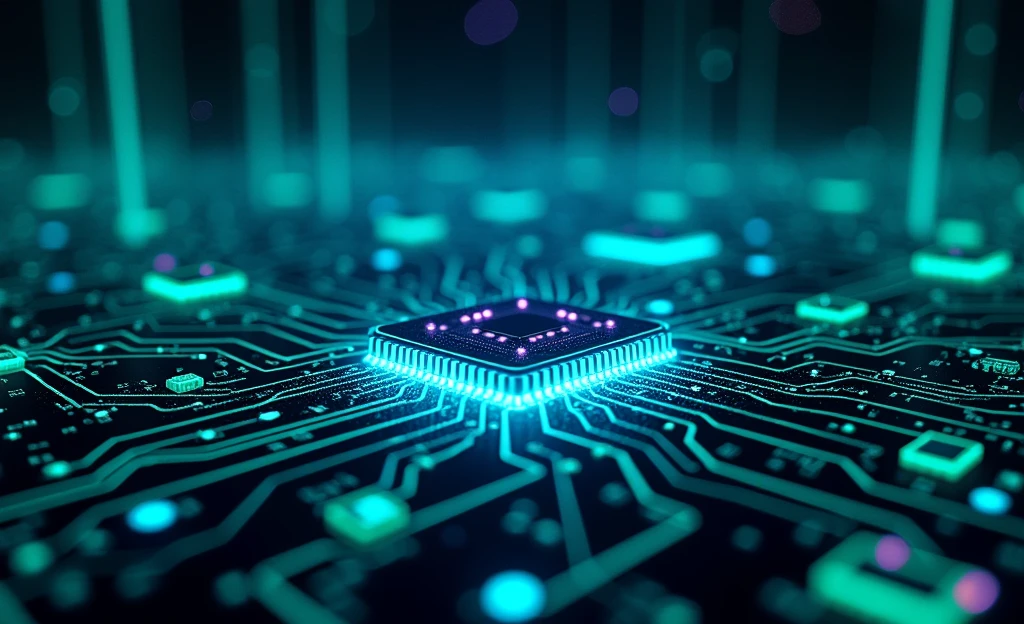 for the cover of LinkedIn a concept of something technological that is part of computer engineering, applying something futuristic and innovative bringing the idea of speed, no character in the picture, only objects, like chips, computers, programming language