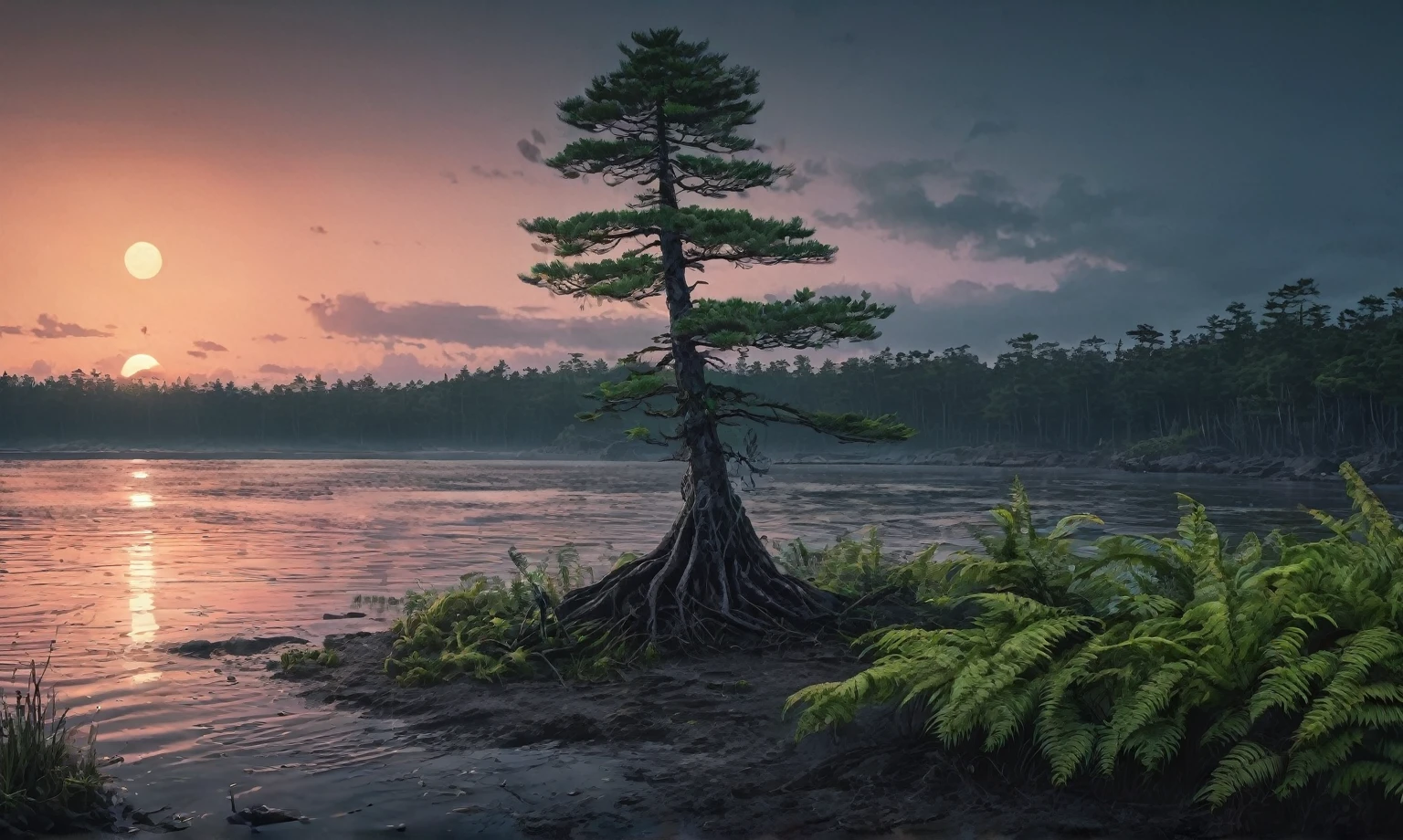 ominous evening, Japanese sunset, dark fantasy, shore, swamp, lonely old tall pine tree on the shore, fern bush in the distance,High contrast,Masterpiece,Realistic,Ultra Detailed,intricate details,realistic humid skin,extremely intricate,realism,ink photorealism,HDR,  high detailed eyes,4k resolution,RAW, Nikon Z9,Simon Stalenhag,Nicola Samori,irina yermolova