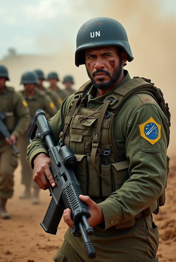 Illustrate a realistic light brown man all dirty with dust and all cut up from the Brazilian army commando battalion, with a large, strong and wide physique, He has short hair, with a tired but aggressive look, holding a heavy machine gun with a large cut on his face. He is fully equipped with a blue UN helmet and a long-sleeved Brazilian army uniform with the flag symbol on the shoulder.. He has a large, heavy vest. In the background leading an entire battalion of Brazilian soldiers