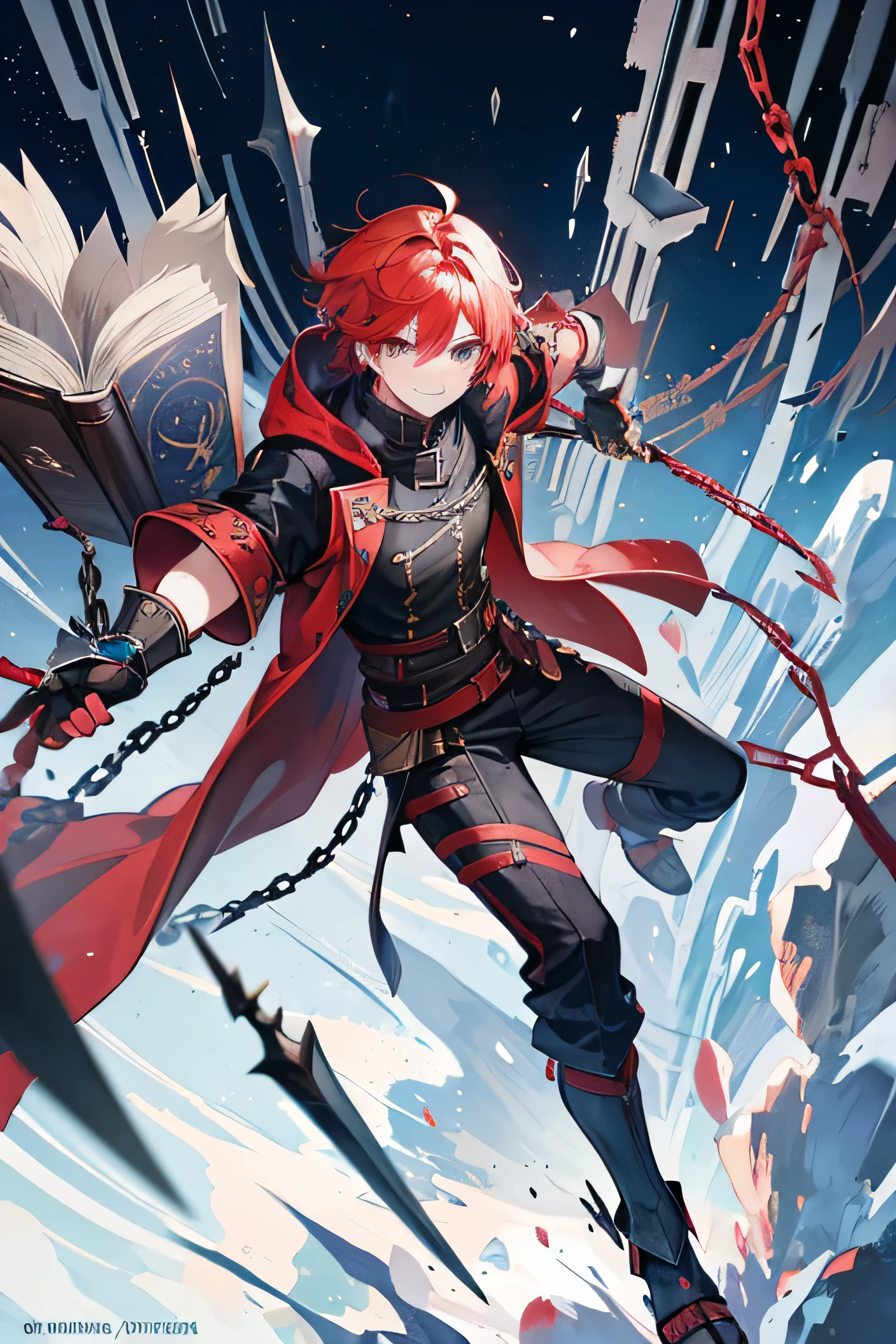 Hemelit a cheerful boy similar to Stark (sousou no freezing) with a big hammer like an axe on his back with the color of old copper but not rusty, and a pocket with kunai, he has red hair with black tufts on top,a smile on his face and black gloves with chains on his hand, and a floating book with spells and code stakes behind it with armored enemies on the ground in anime style