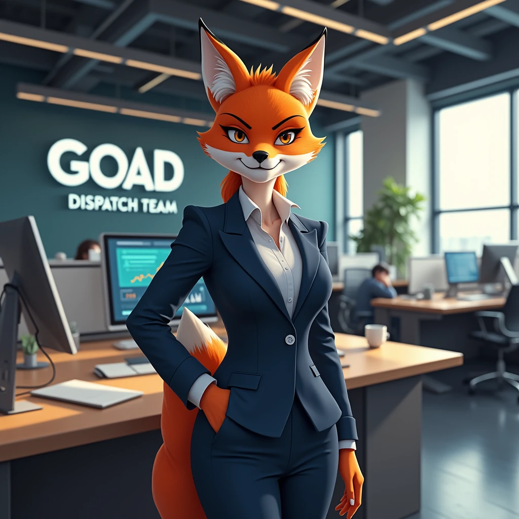 Female Fox lady with suit on in the office behind letter “GOAD DISPATCH TEAM”