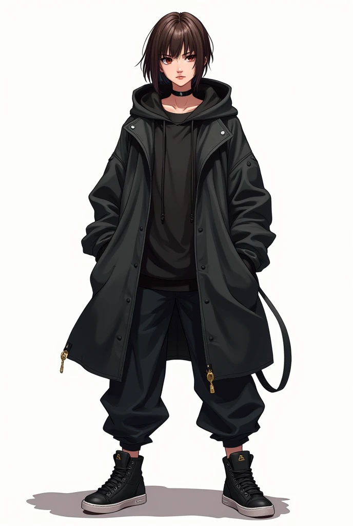 a female rpg character, full body like drawing showing the features, but with loose black streetwear style clothes and very short brown straight hair, 2d, no back ground, with serious face