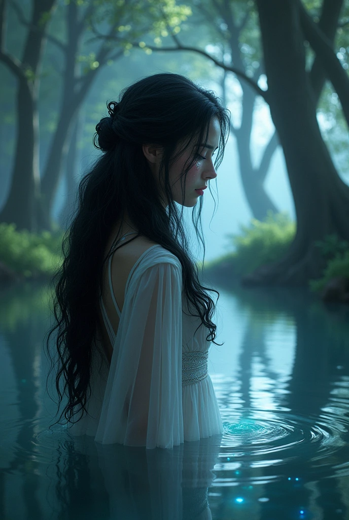 Princess of Yggdrasil, daughter of Loki, with black hair and silver-colored magical powers, crying next to a lake.